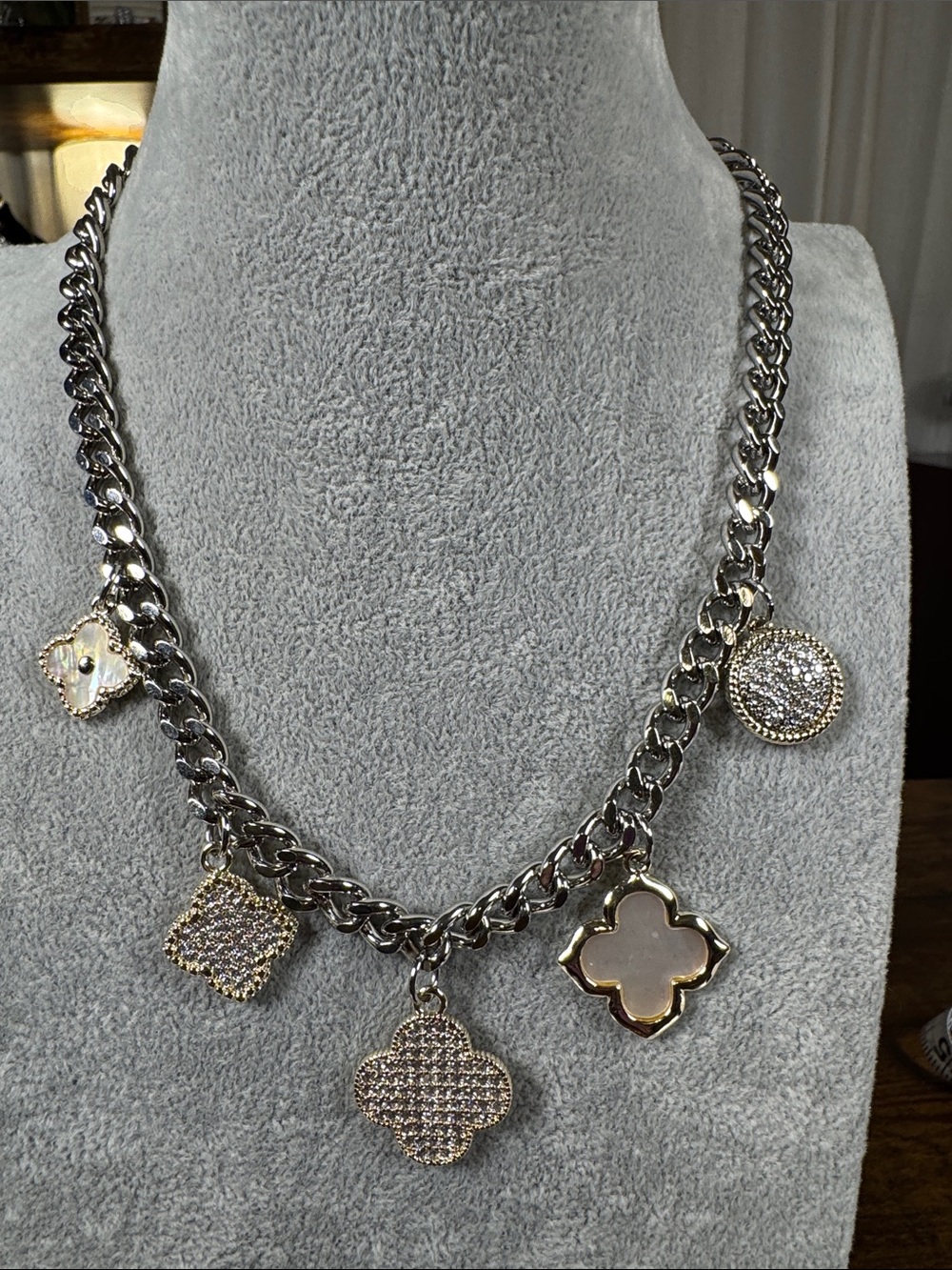 Silver Tone Charm Necklace with Crystal Pave’ and Mother-of-Pearl Accents